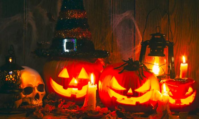 Halloween Jack-o-Lanterns resting on a rustic wooden surface.