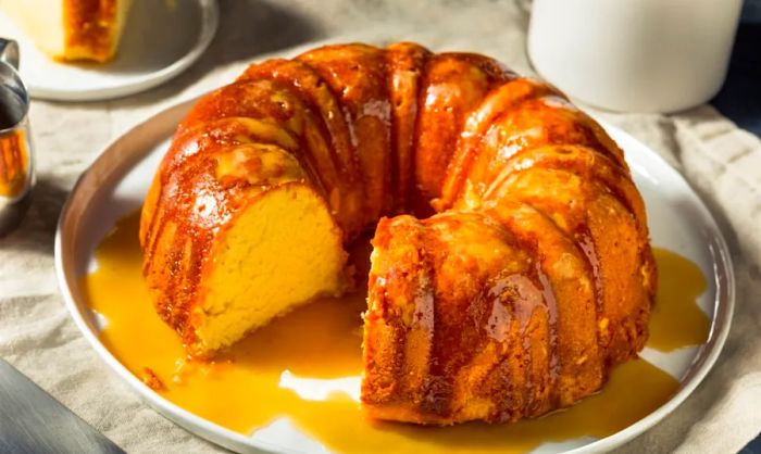 Image of rum cake drizzled with sauce.