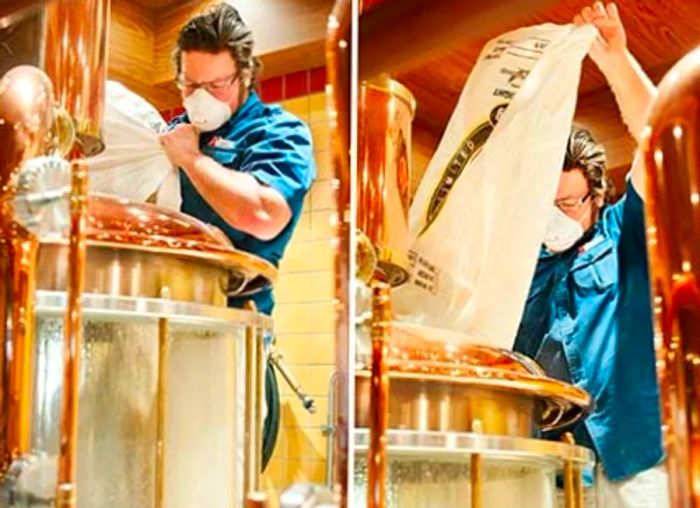 Two images capture the Brewmaster as he crafts beer by pouring a large white bag into a brewing tank.