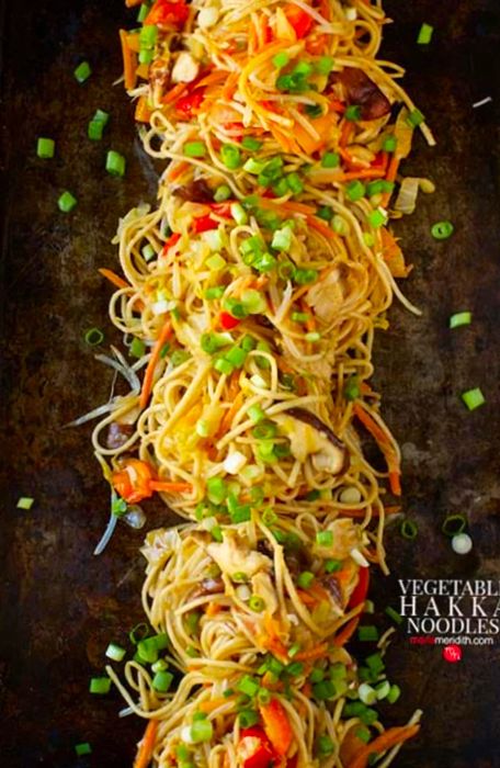 Vegetable Hakka Noodles with a text overlay