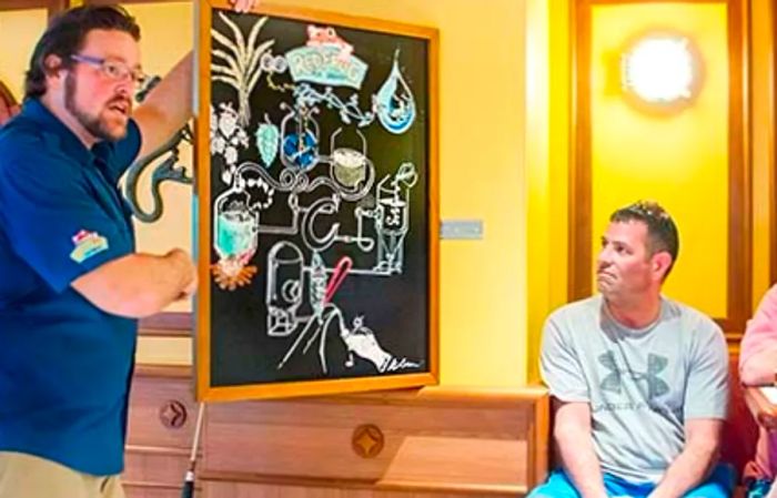 Brewmaster Colin Presby uses a chalkboard illustration to explain the brewing process during the tasting tour.