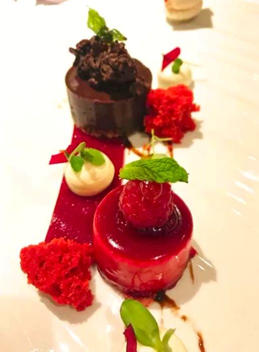 A delightful raspberry and chocolate dessert medley served on the Dinogo