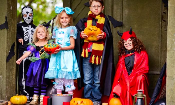 Five children dressed in Halloween costumes