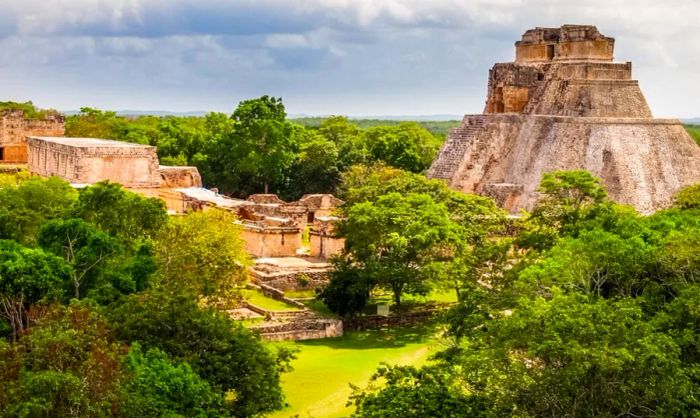 Aerial view of the Soothsayer's Pyramid in the Yucatán Peninsula.