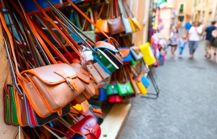 leather bags showcased at an Italian market