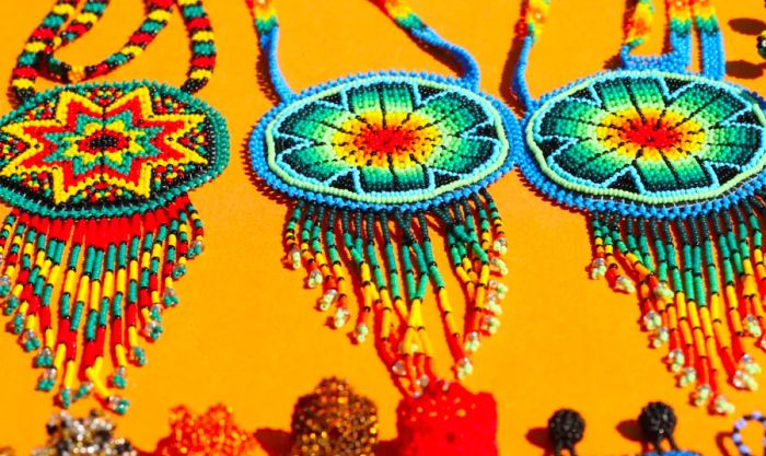 Vibrant Huichol beaded jewelry.