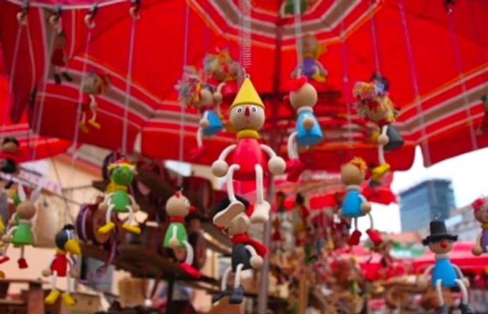 colorful wooden toys displayed at a marketplace in Croatia