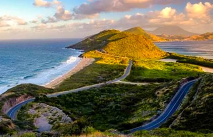 View of Frigate Bay from Timothy Hill, with the Atlantic Ocean on the left and the Caribbean Sea on the right