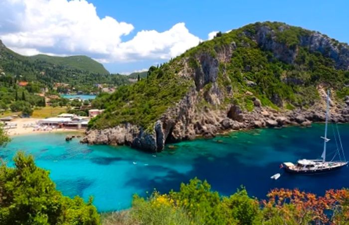 A stunning aerial view of Paleokastritsa in Corfu.