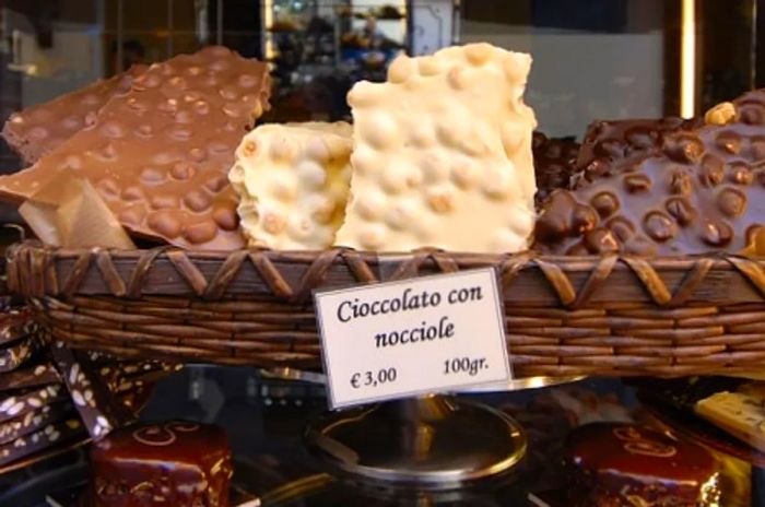 a showcase of chocolates in an italian confectionery