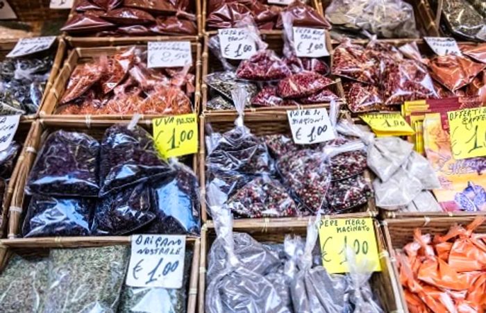 mediterranean herbs and spices displayed in an italian market