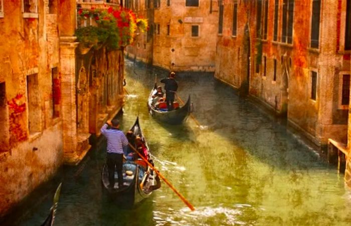 Two gondoliers gracefully paddling their gondolas along the waterway