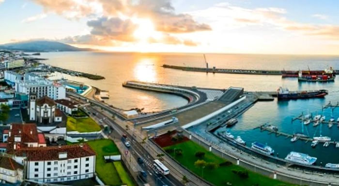 a panoramic view of the harbor in Ponta Delgada