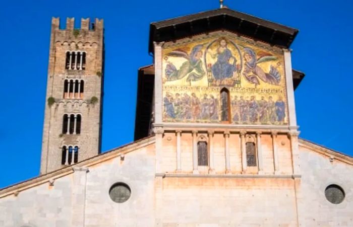 Looking up at a majestic cathedral in Lucca