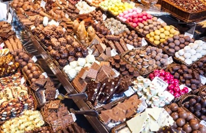 a wide variety of chocolates available at La Boqueria market in Barcelona