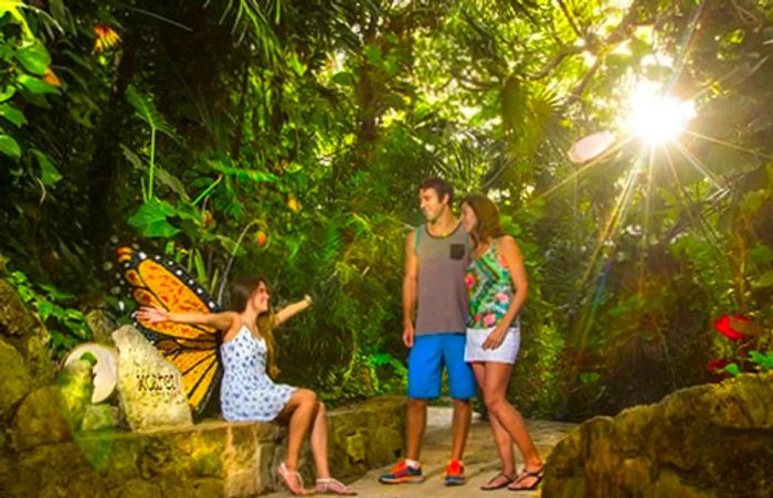 A girl sitting behind vibrant butterfly wings at Xcaret Park, with her parents admiring her.