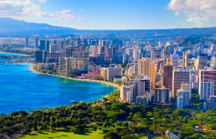 an aerial perspective of Honolulu's metropolitan landscape in Hawaii