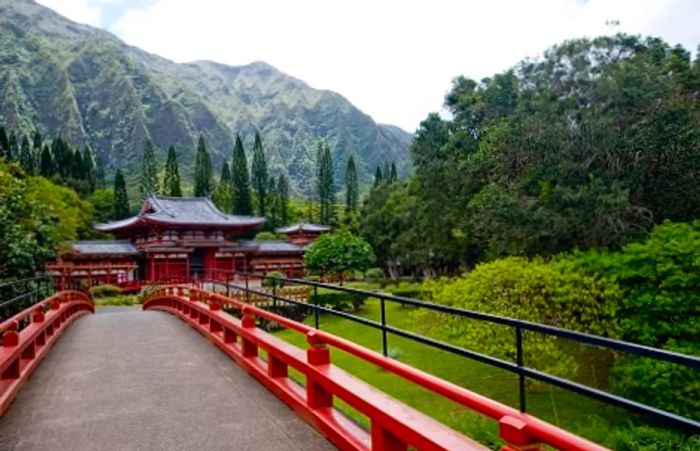 a bridge leading to the Buddhist Byodo-In Temple in Hawaii