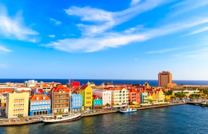 Aerial view showcasing the vibrant houses in the Caribbean cruise destination of Curaçao