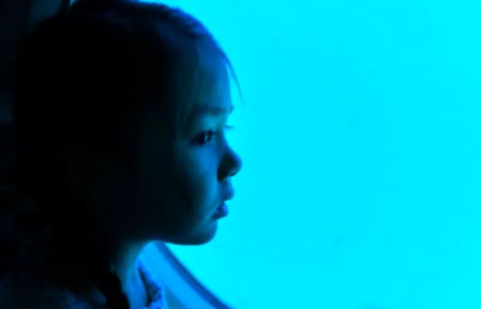 a young girl peering out the window of a submarine, captivated by the underwater creatures