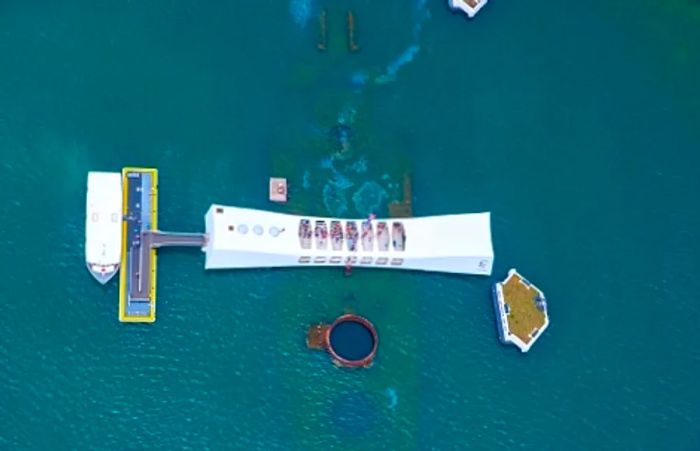 aerial view of the USS Arizona Pearl Harbor memorial