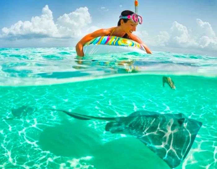 A woman in snorkeling gear observing a stingray glide by