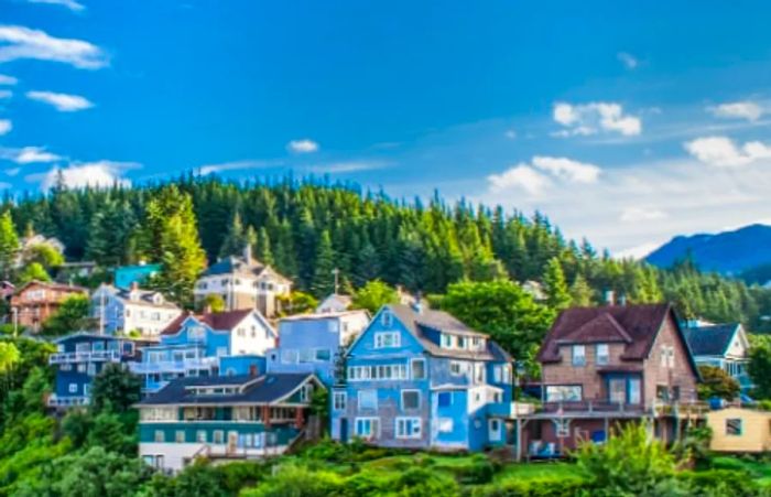 drone shot showcasing the charming homes nestled in the town of Ketchikan