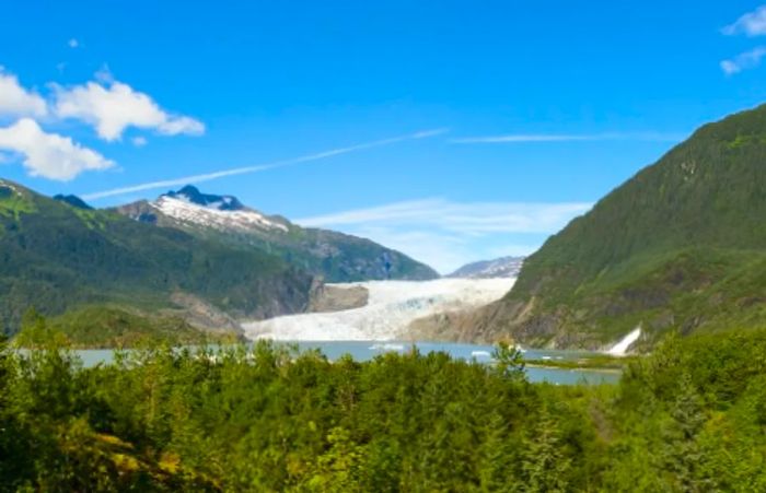 an aerial view showcasing the Tongass National Forest and the renowned Inside Passage in Alaska