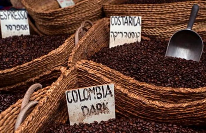 various bags of coffee, including Costa Rican, Colombian, and espresso blends