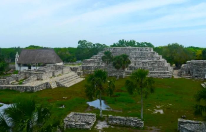 aerial view of the Mayan ruins of Xcambo, showcasing El Templo de la Cruz, La Plataforma, and El Templo de la Virgen