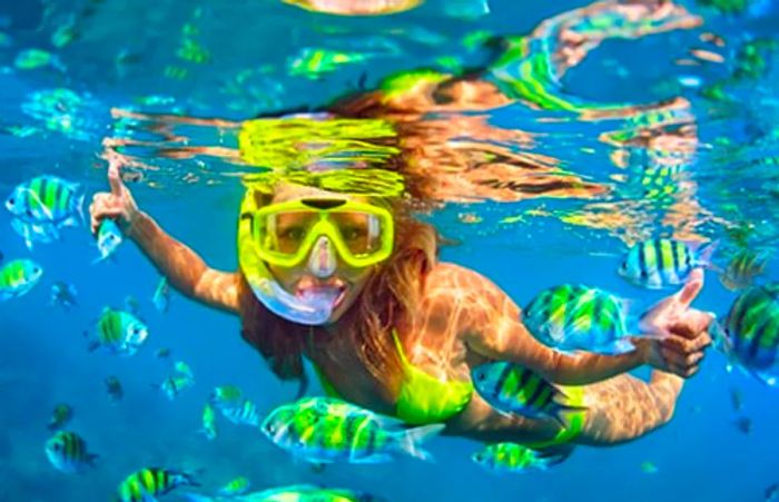 a woman snorkeling in Hawaii surrounded by colorful fish