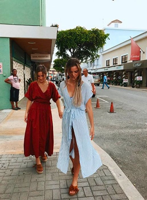 Tess & Sarah strolling down the street while shopping