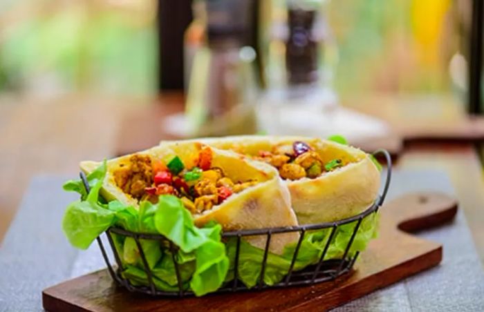 chicken roti from Tortola served in a petite basket