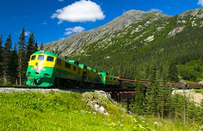 a steam train traversing the picturesque White Pass during the summer months in Alaska