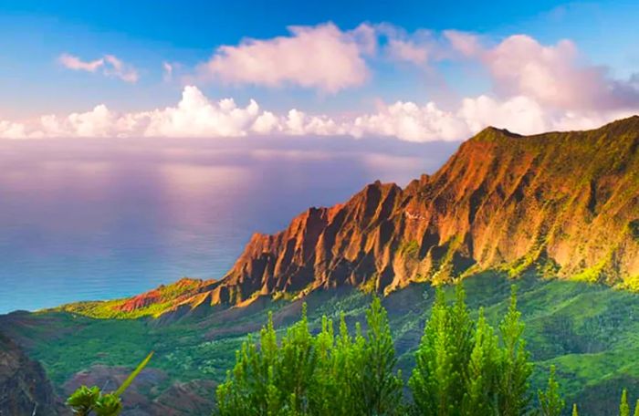 Aerial view of the Kauai mountains in Hawaii at sunset