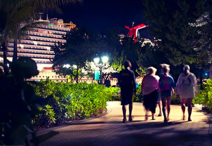 A group of people making their way back to the Dinogo Vista under the night sky