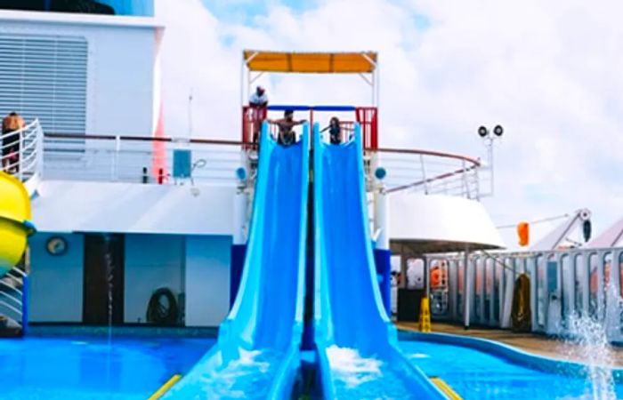 Two blue waterslides on the ship