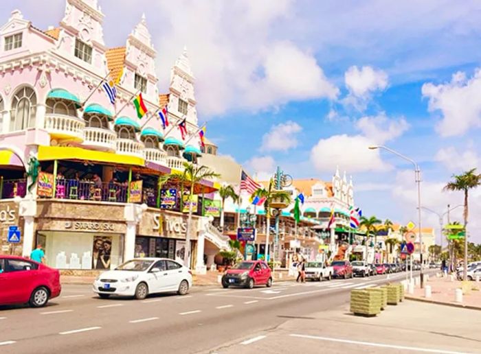 A vibrant array of restaurants and shops in Aruba