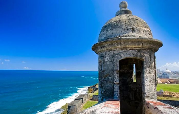 small guard tower atop San Cristobal Fort overlooking the Atlantic Ocean