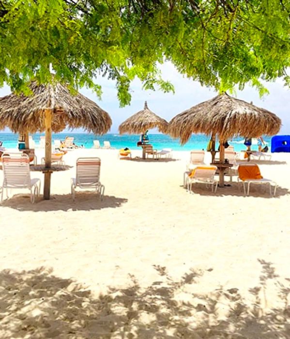 A stunning white sand beach adorned with small huts and loungers in Aruba