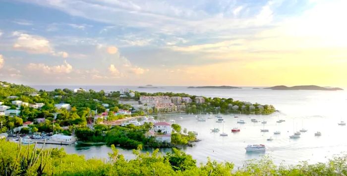 boats and homes lining the shores of St. John, the Bahamas