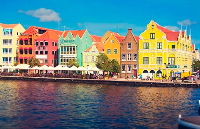 Colorful buildings lining the waterfront in Curacao