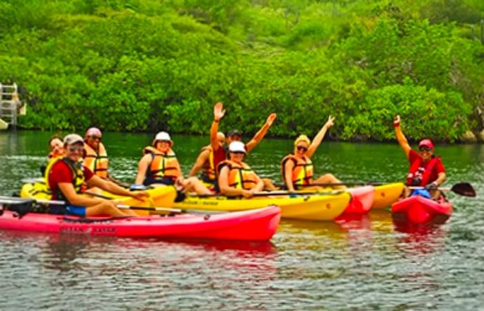 group of people paddling kayaks along the Spanish Waters in Curacao