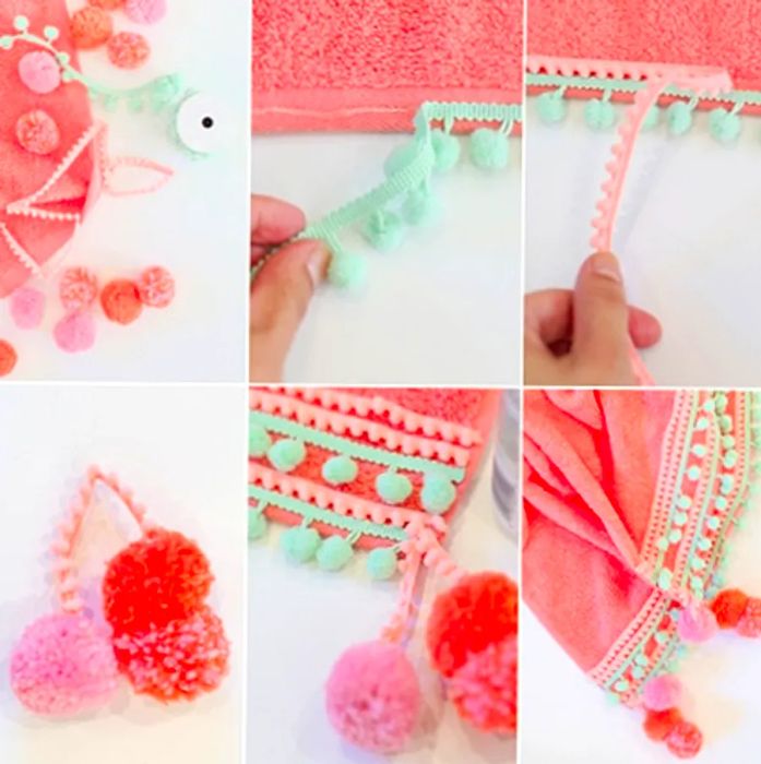 6 images illustrating the process of creating a DIY pompom beach towel