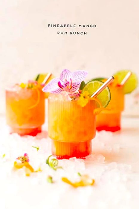 Text overlay featuring pineapple mango rum punch, with three cocktails displayed beneath