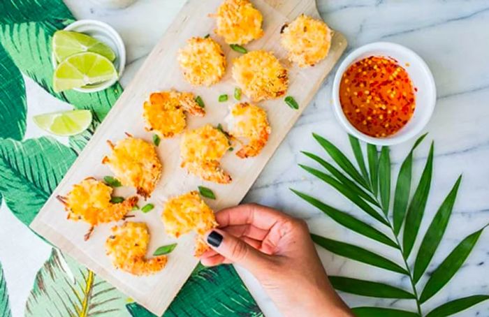 A hand reaching for a piece of coconut shrimp from a wooden tray.