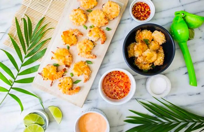 Overhead shot of coconut shrimp and ingredients laid out on a kitchen counter