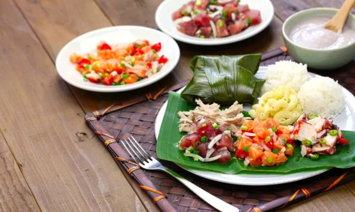 A selection of Hawaiian culinary favorites like poké and barbecue