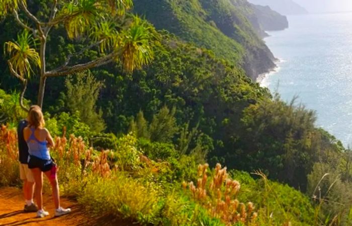 a couple dressed in activewear admiring the Hawaiian coastline during a hike