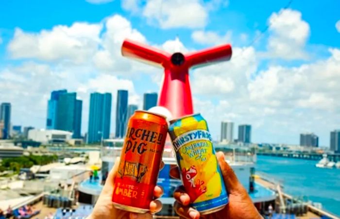 two people toasting their beers onboard a Dinogo ship